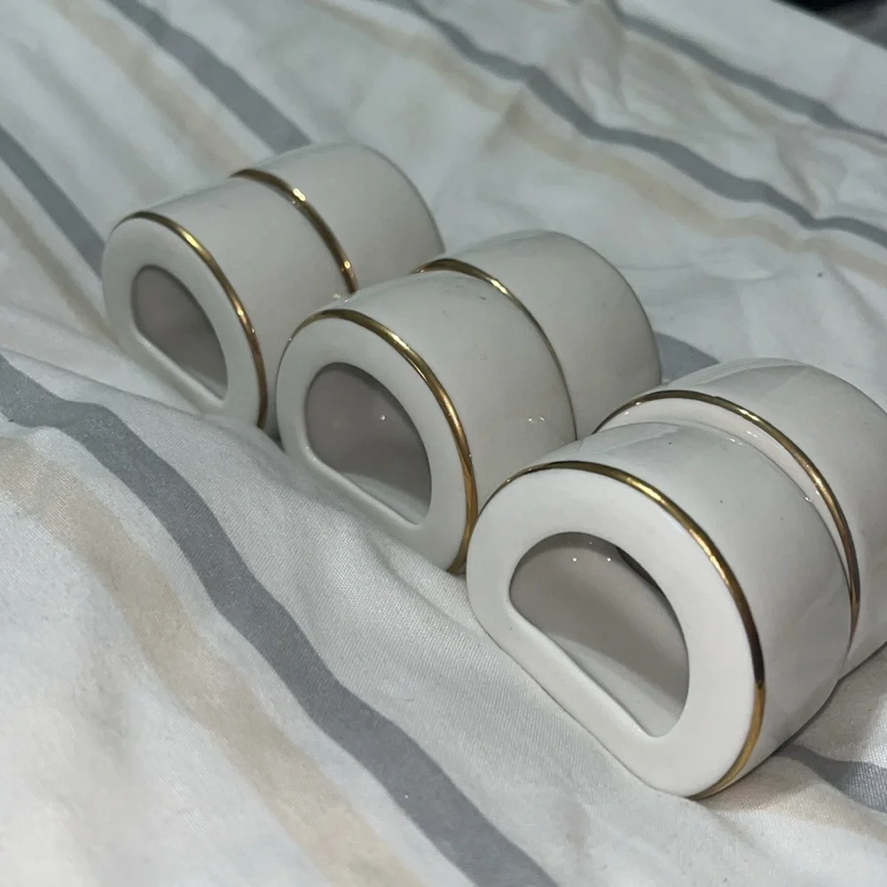 Ceramic Vintage Napkin Ring Holders White With Gold Trim Hostess Party Set of 6